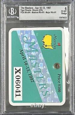 Tiger Woods 1997 Masters Badge Woods 1st Masters Win Beckett 6 EX-MT 15976622